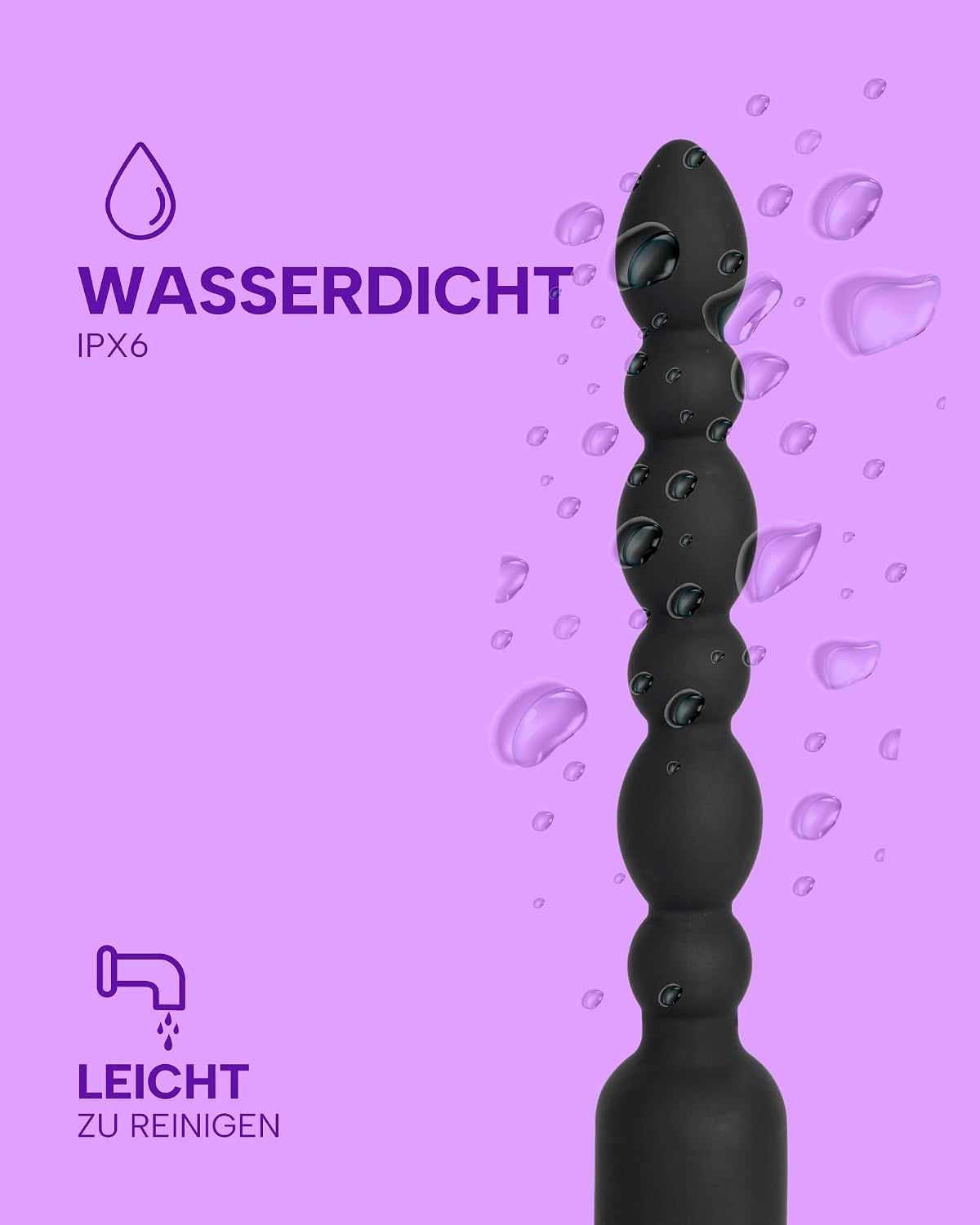 Schwarzer, perlenförmiger Vibrator, 15 cm lang, 3,5 cm Durchmesser, USB-aufladbar.