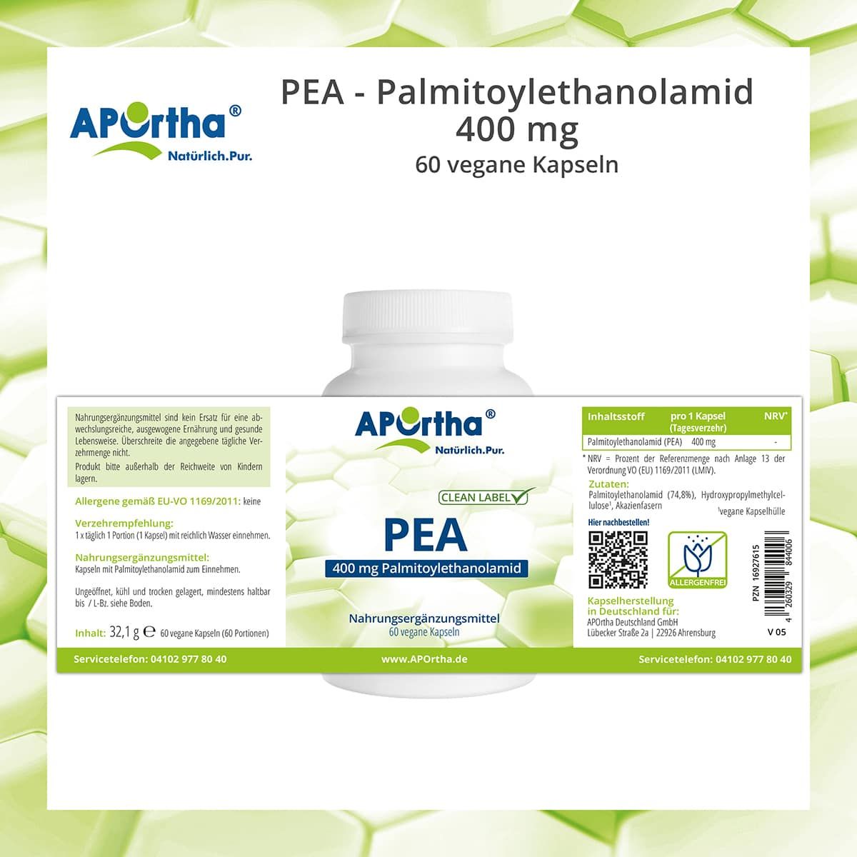 Weiße Flasche mit Etikett. Enthält PEA 400 mg Palmitoylethanolamid. Mit Clean Label. Nahrungsergänzungsmittel.