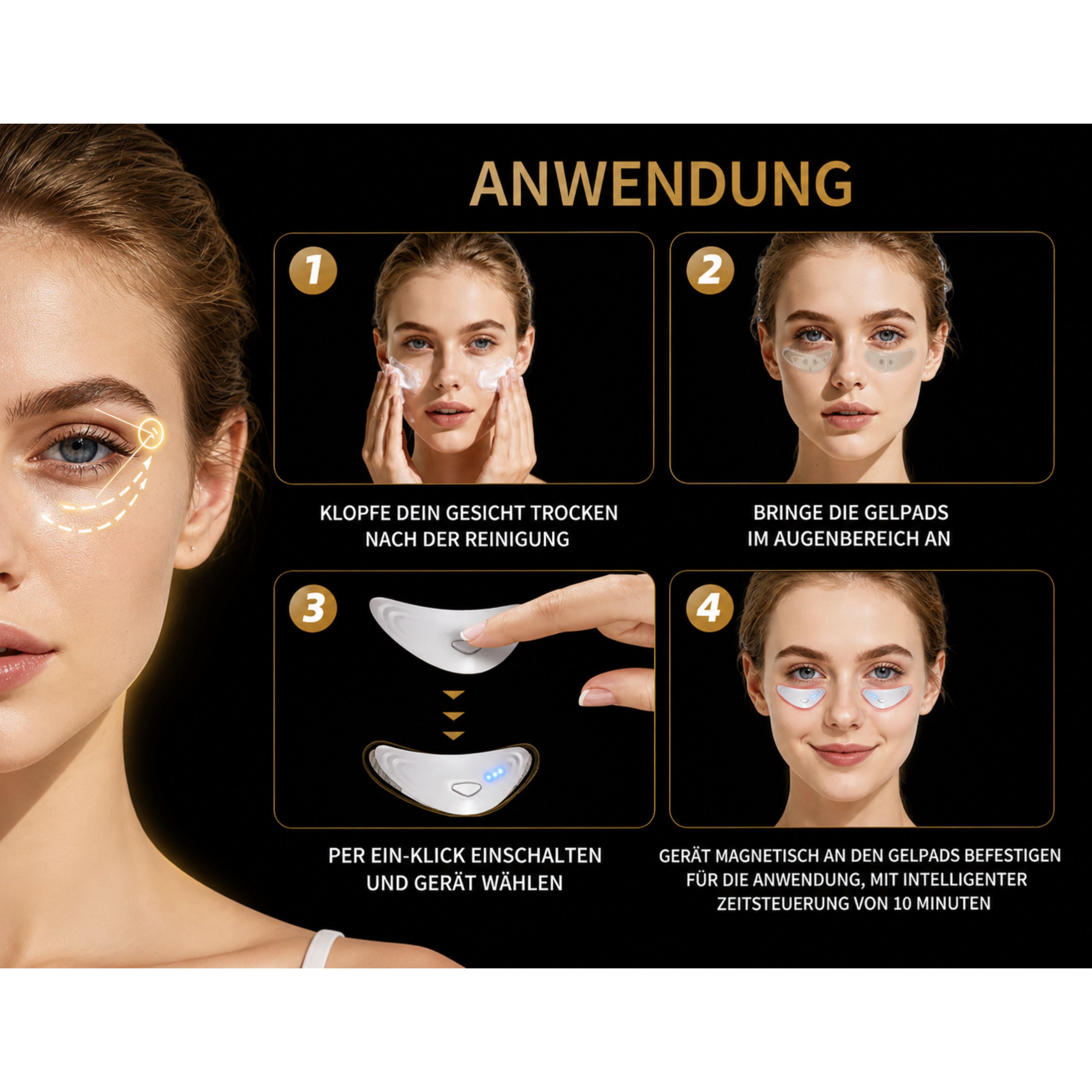 Schritt-für-Schritt-Anleitung zur Anwendung des Augenmassagegeräts mit Gelpads.