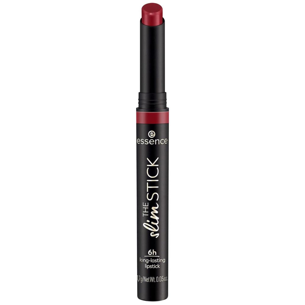Schwarzer Lippenstiftstift mit roter Lippenstiftspitze. Aufschrift: Essence, The Slim Stick, 6h long-lasting lipstick.