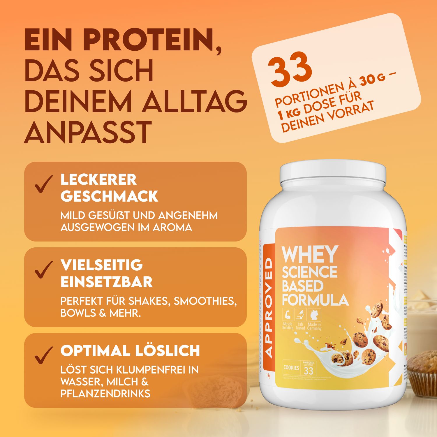 Weißes Whey-Protein-Pulver in Dose. Aufschrift: WHEY SCIENCE BASED FORMULA. 33 Portionen à 30g - 1 kg Dose. Leckerer Geschmack, vielseitig einsetzbar, optimal löslich.