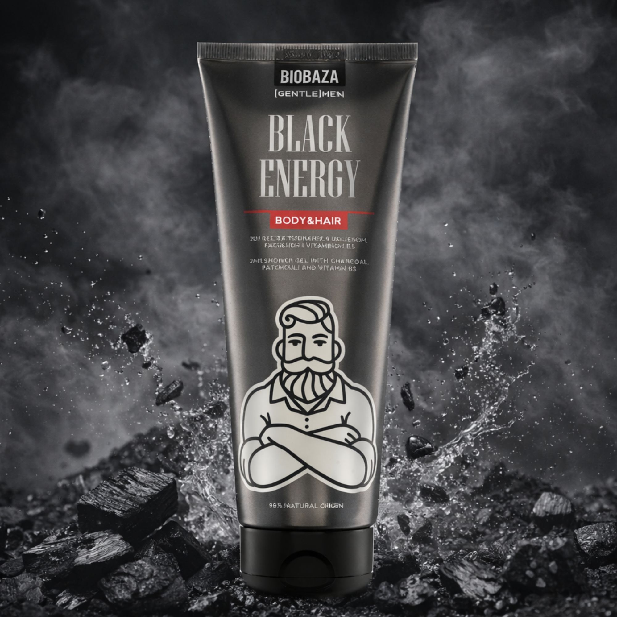 Schwarze Tube mit "BLACK ENERGY"-Aufdruck. Illustration eines Mannes mit Bart. Hintergrund: Kohle und Wasser.