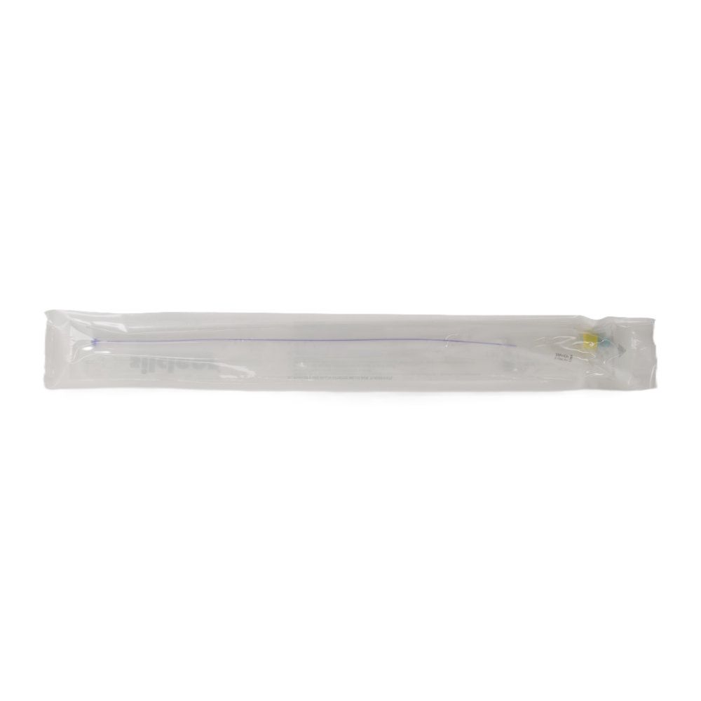 Silclear Ballonkatheter CH 20 in steriler Verpackung. Transparenter Katheter mit blauen und gelben Elementen.