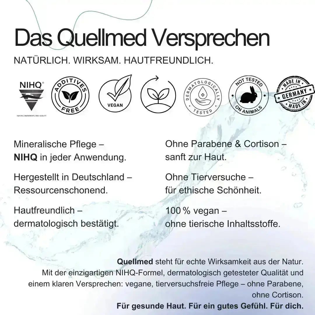 Text. Überschrift: Das Quellmed Versprechen. Informationen zu Inhaltsstoffen, Qualität und Herkunft.