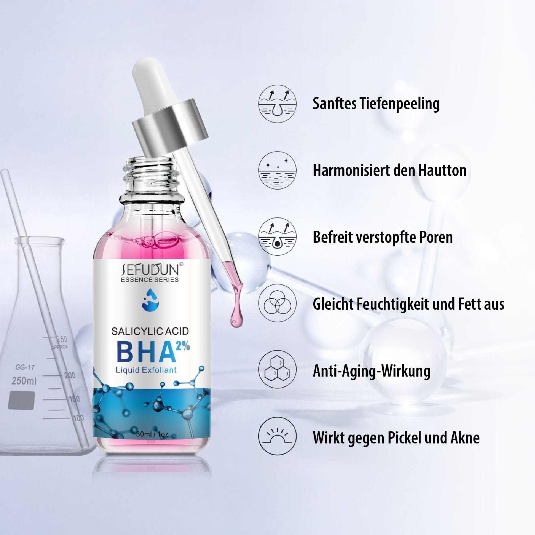 Serumflasche mit Pipette. Aufschrift: Salicylsäure BHA 2% Liquid Exfoliant. Text: Wirkungen: Tiefenpeeling, Hautton, Poren, Feuchtigkeit, Anti-Aging.