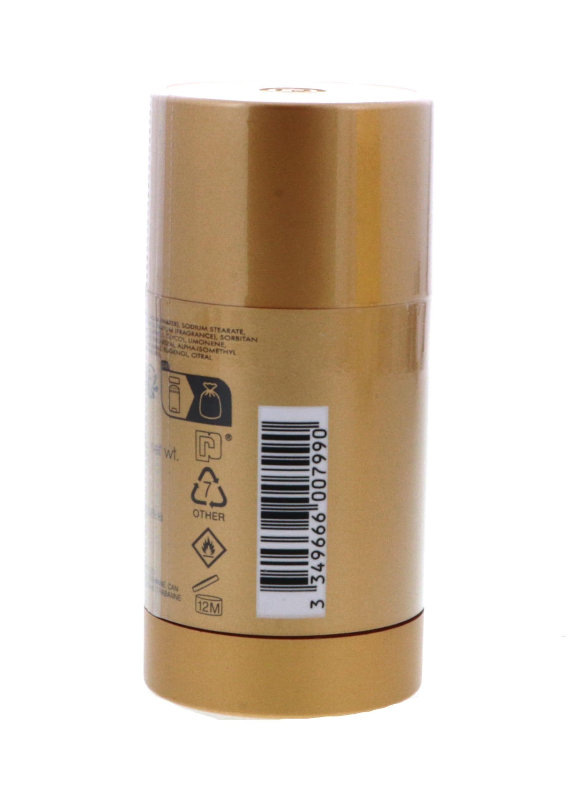 Goldfarbener Deostift. Rückseite mit Text, Symbolen und Barcode. Herstellerinformationen.