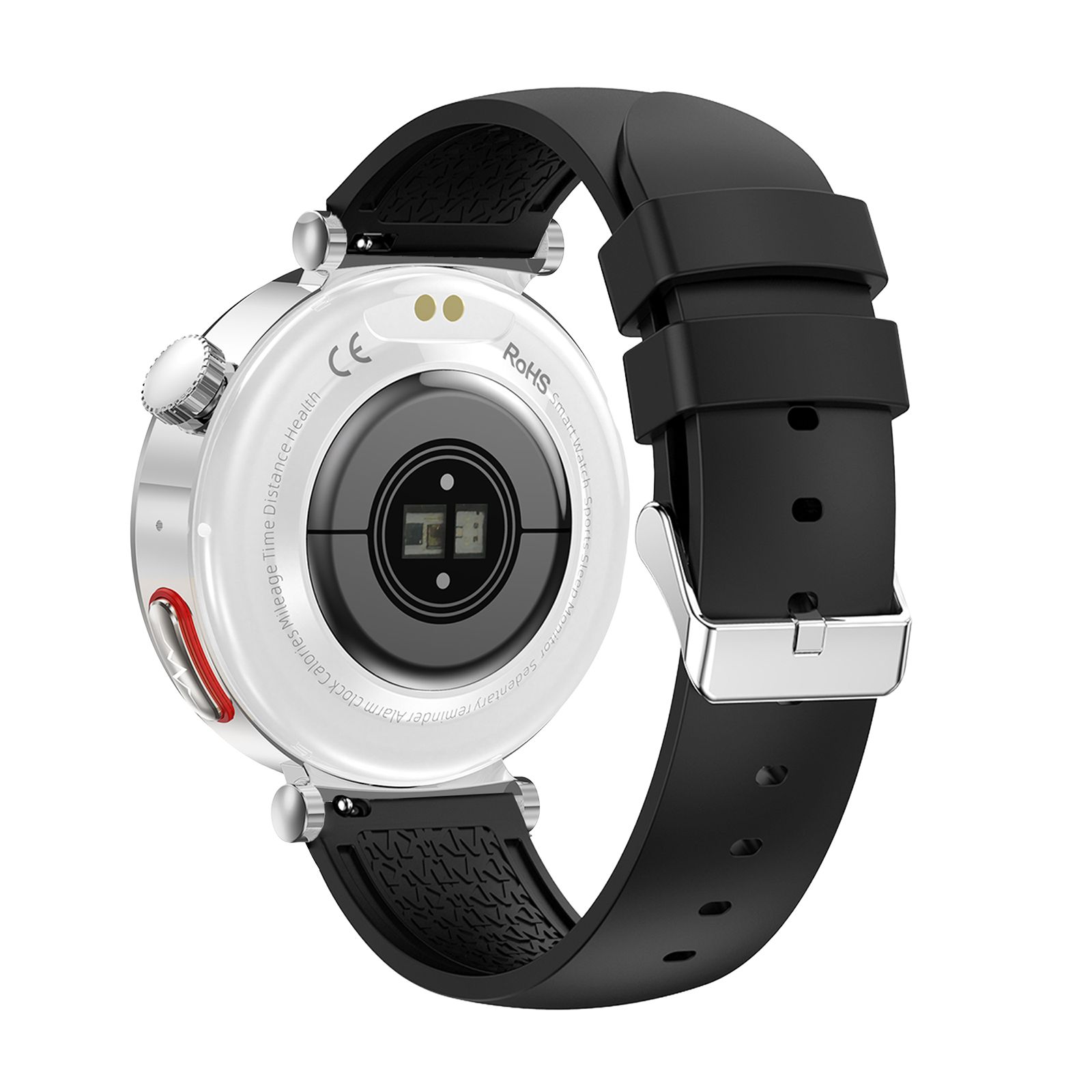 Rückseite einer Smartwatch mit silbernem Gehäuse und schwarzem Armband. Sichtbar sind Sensoren und CE-Kennzeichnung.