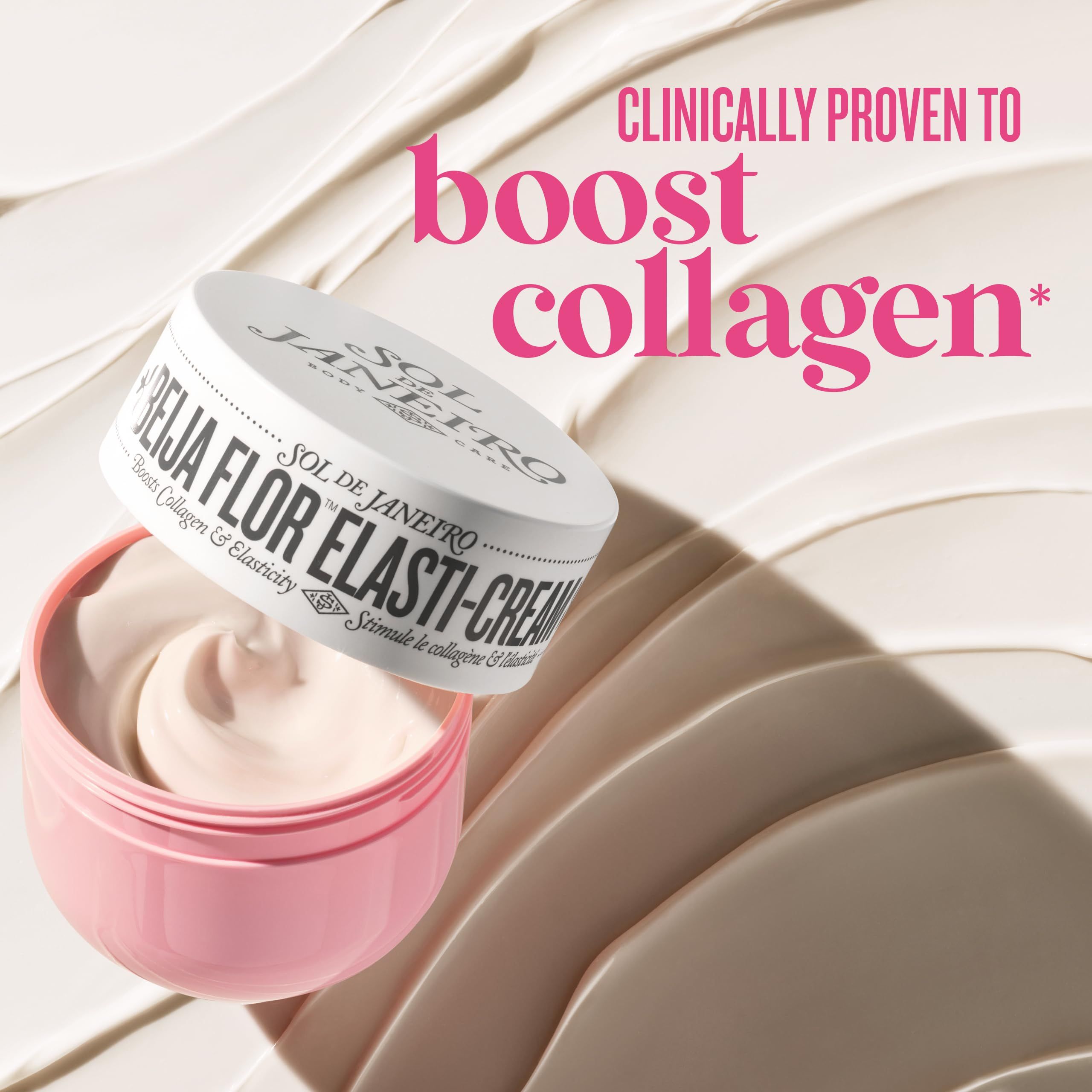 Geöffnete rosa Creme-Dose. Aufschrift: Beija Flor Elasti-Cream. Creme auf cremefarbenem Hintergrund. Klinisch bewiesen.