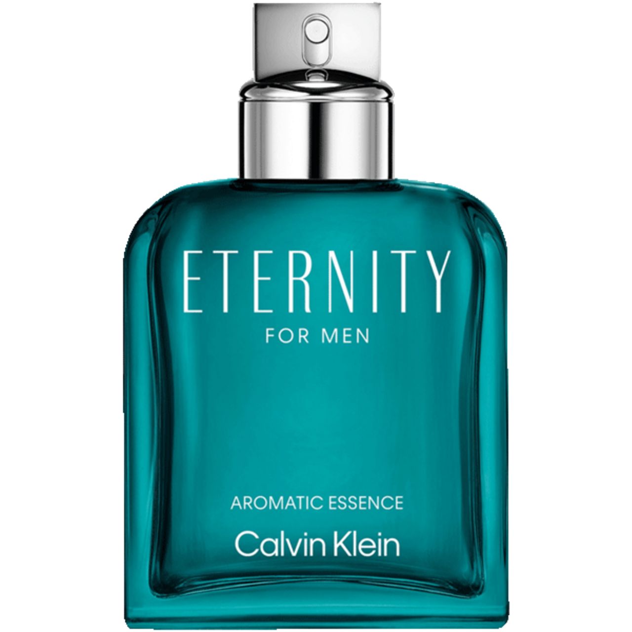 Türkisgrüner Flakon mit silbernem Verschluss. Schriftzug: Eternity for Men Aromatic Essence. Marke: Calvin Klein.