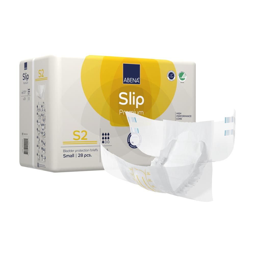 Verpackung ABENA Slip Premium S2 und ein geöffneter Slip. Aufdrucke: ABENA, Slip Premium, S2, Small, 28 Stück. Mit Zertifizierungen.