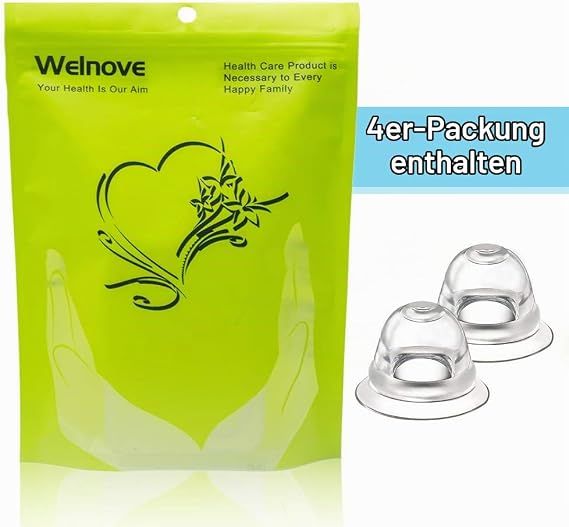 Zwei transparente Brustwarzensauger aus Silikon, verpackt in einer grünen Tasche.