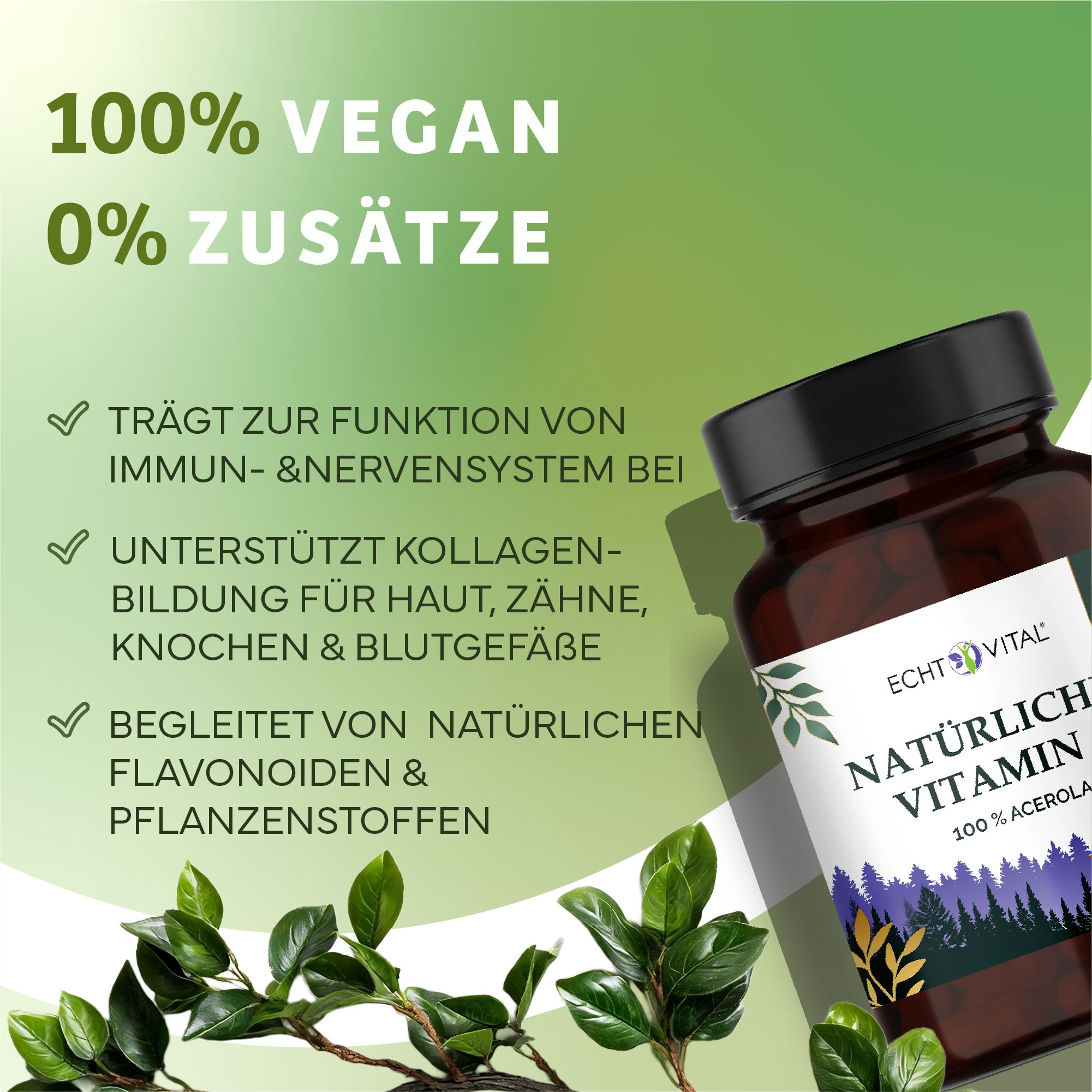 Braune Glasflasche mit schwarzem Deckel. Aufschrift: Echt Vital, Natürliches Vitamin C, 100% Acerola. Grün-weißer Hintergrund mit Text: 100% Vegan, 0% Zusätze.