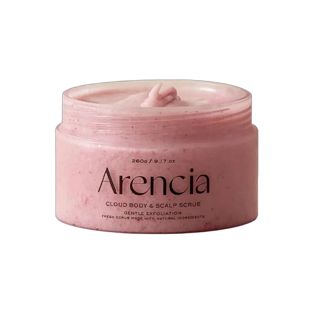 Ein Behälter mit rosa Körper- und Kopfhautpeeling von Arencia. Enthält 260g / 9.17 oz.
