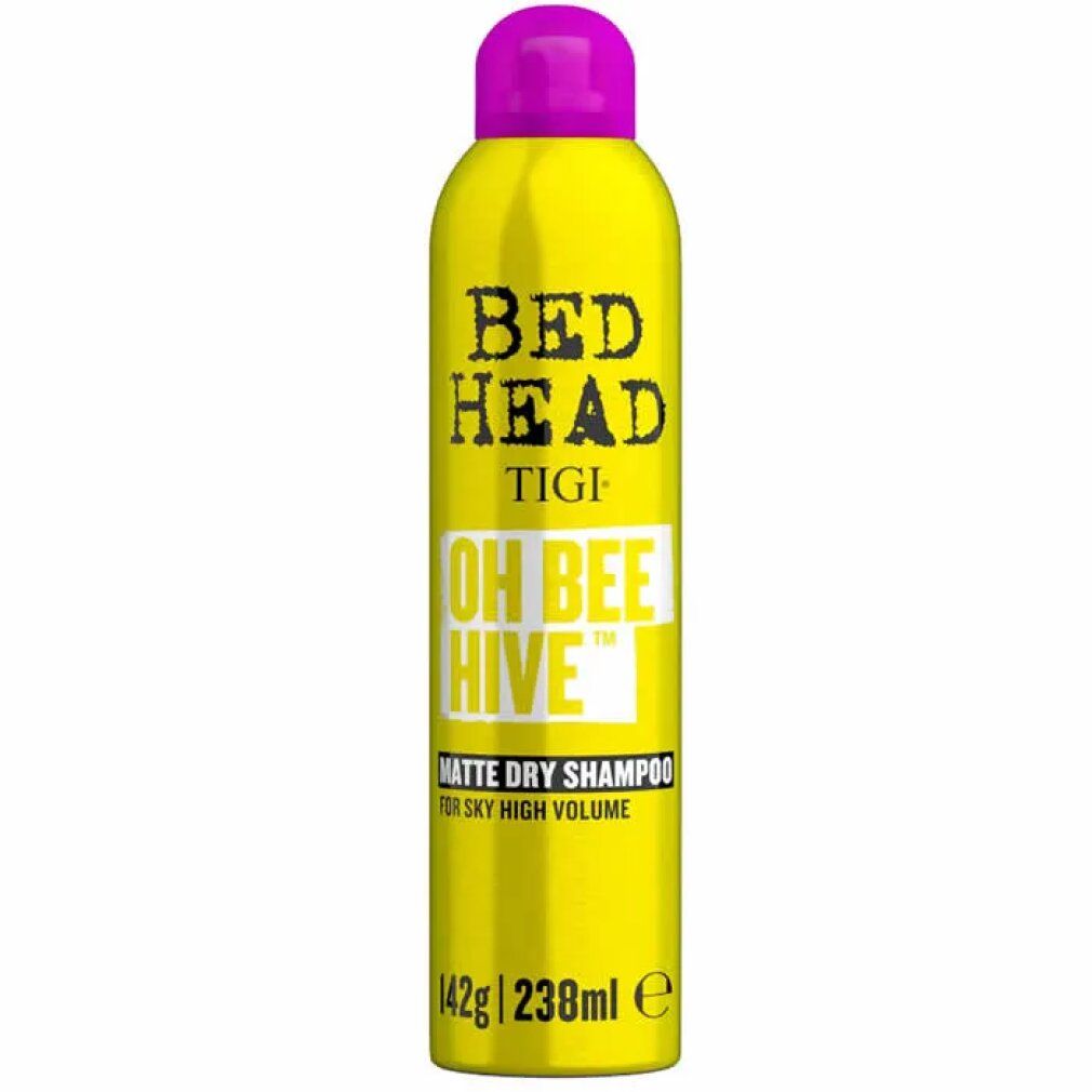 Gelbe Sprühflasche mit pinkfarbenem Deckel. Aufschrift: Bed Head, Tigi, Oh Bee Hive, Matte Dry Shampoo. Volumen: 238ml.