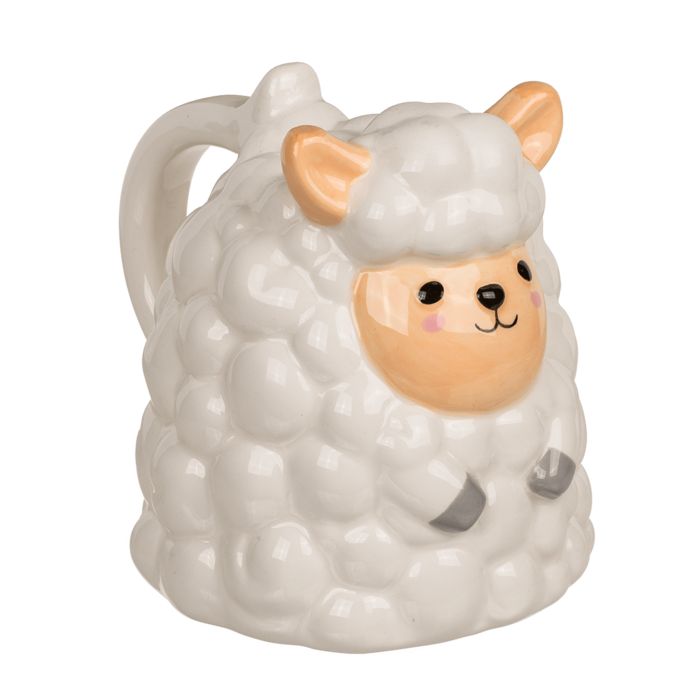 Keramikbecher Schaf, weiß. Schaf-Design mit Ohren, Gesicht und Beinen. Henkel. Innenraum sichtbar. 550 ml.