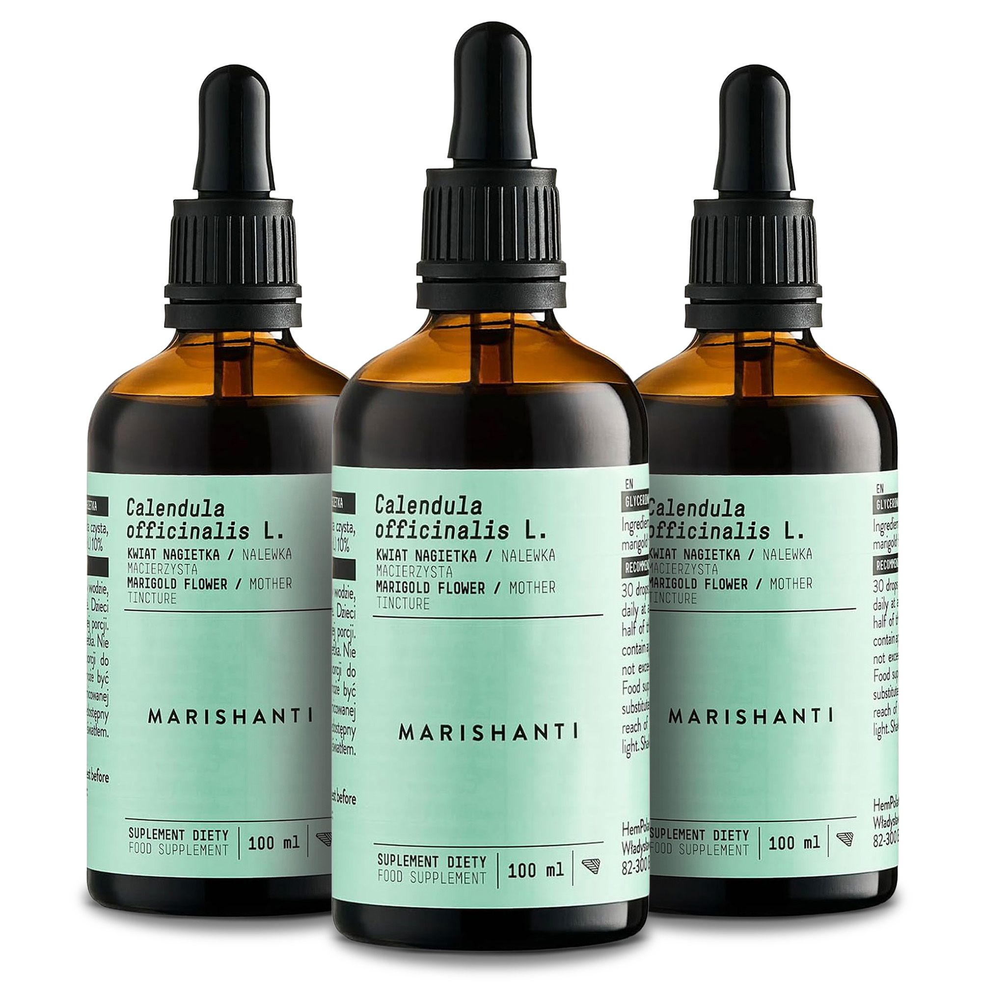 Drei braune Glasflaschen mit Tropfern. Aufschrift: Calendula officinalis L. und Marishanti. 100 ml.