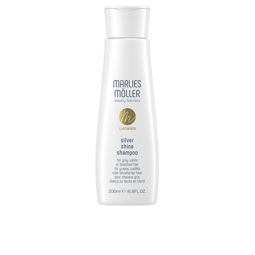 Marlies Möller Silver Shine Shampoo. Weiße Flasche mit weißem Deckel. Text: Silver Shine Shampoo, für graues, weißes oder blondiertes Haar.