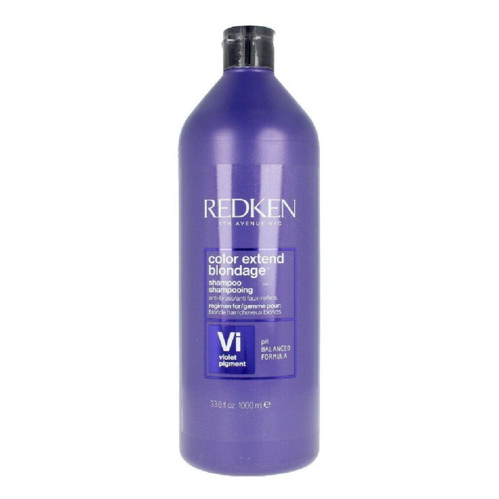 Violettes Shampoo von Redken. Flasche mit schwarzem Deckel. Aufschrift: Color Extend Blondage. pH-ausgewogene Formel.