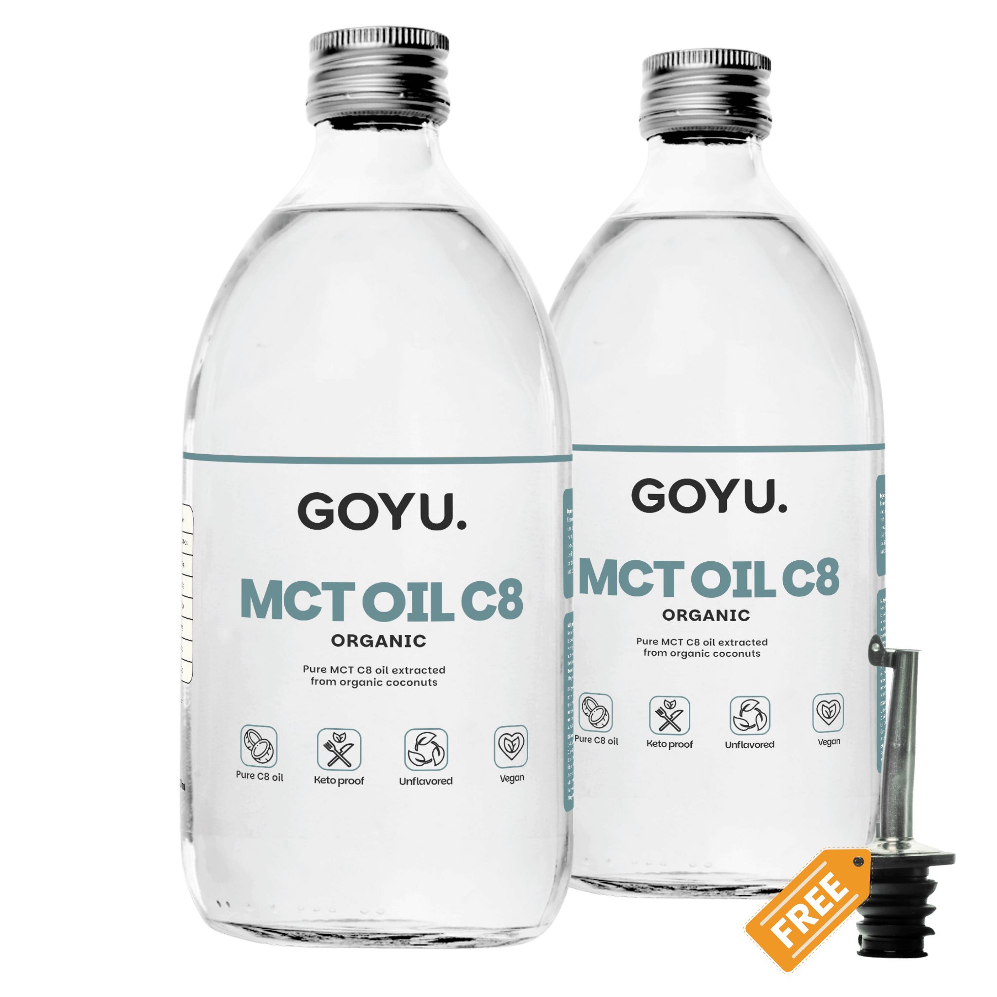 Zwei Flaschen GOYU MCT Oil C8. Mit Dosierausgießer. Aufschrift: ORGANIC, MCT OIL C8.