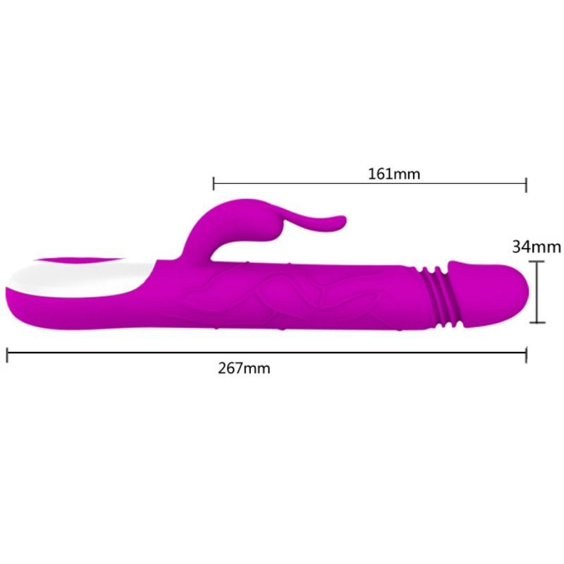 Lila Vibrator mit Kaninchenohren. Abmessungen: 267mm lang, 161mm breit, 34mm hoch. Horizontale Ansicht.