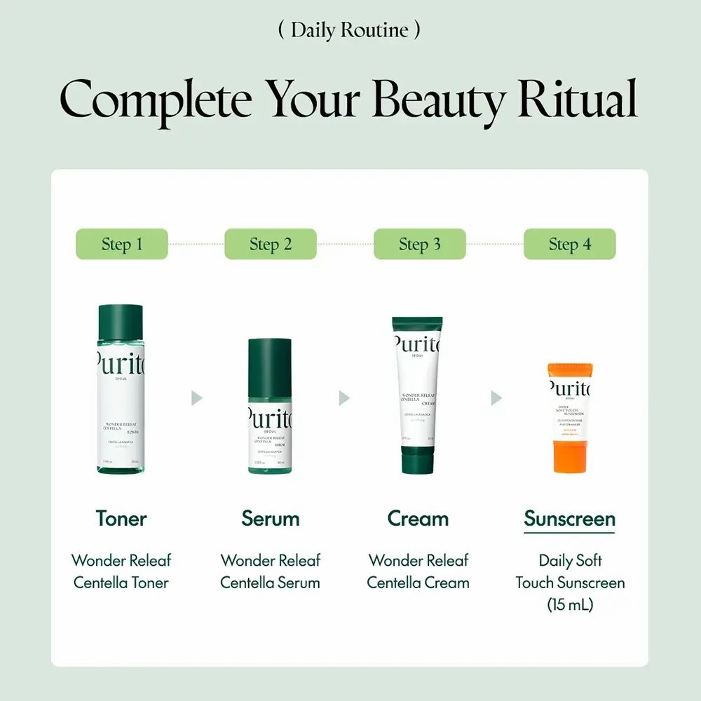 Vier Produkte in einer Beauty-Routine. Sonnencreme ist das letzte Produkt, in einer Tube mit orangefarbenem Deckel.