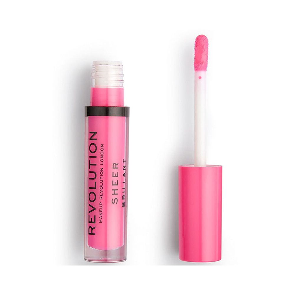Lipgloss-Fläschchen mit geöffnetem Applikator. Rosa Lipgloss mit weißem Applikator. Aufschrift: REVOLUTION, SHEER, BRILLANT.