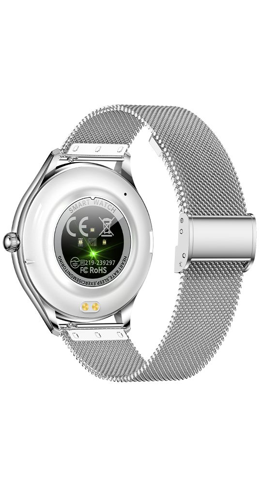Rückseite einer silbernen Smartwatch mit CE- und RoHS-Siegeln sowie Herzfrequenz- und Schlafüberwachung.