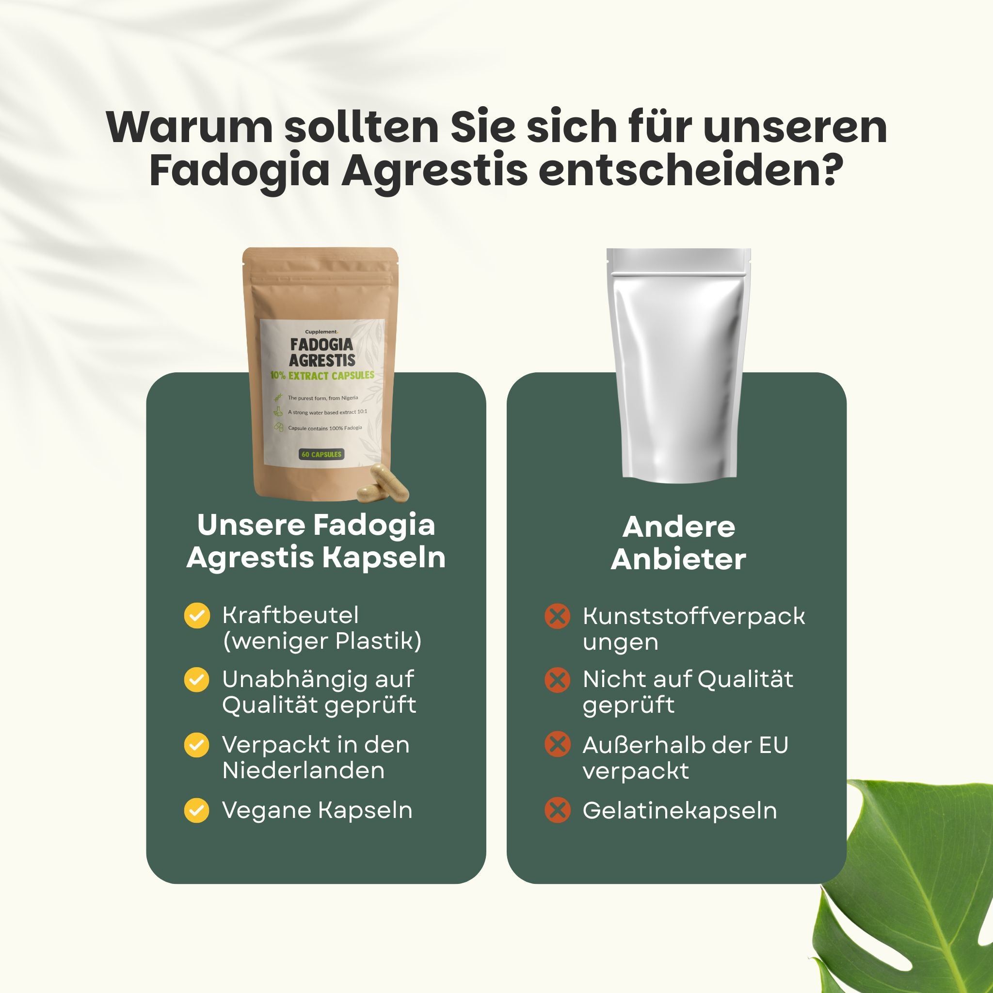 Vergleich: Fadogia Agrestis Kapseln vs. andere Anbieter. Kraftbeutel, vegane Kapseln. Keine Plastikverpackung.