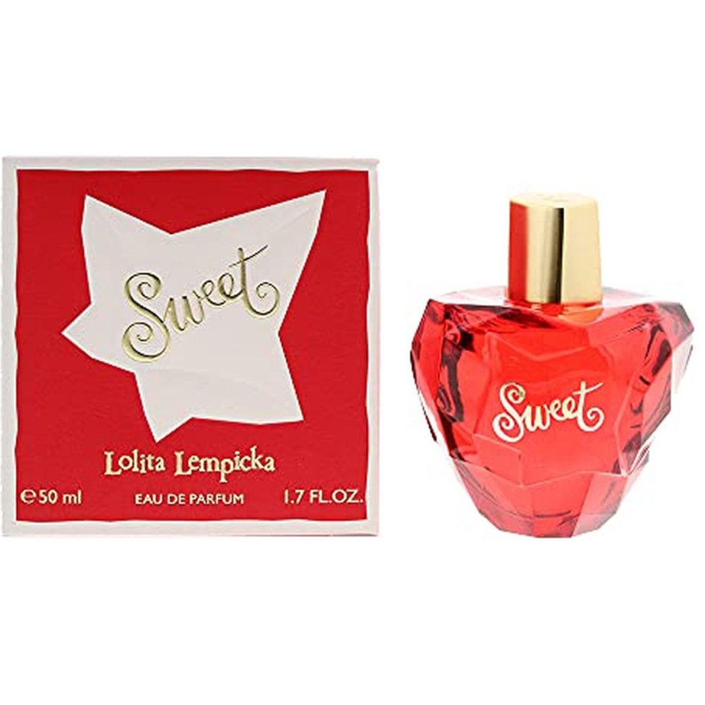 Roter Flakon und Verpackung. Aufschrift "Sweet", "Lolita Lempicka". 50 ml. Eau de Parfum. 1.7 FL.OZ.