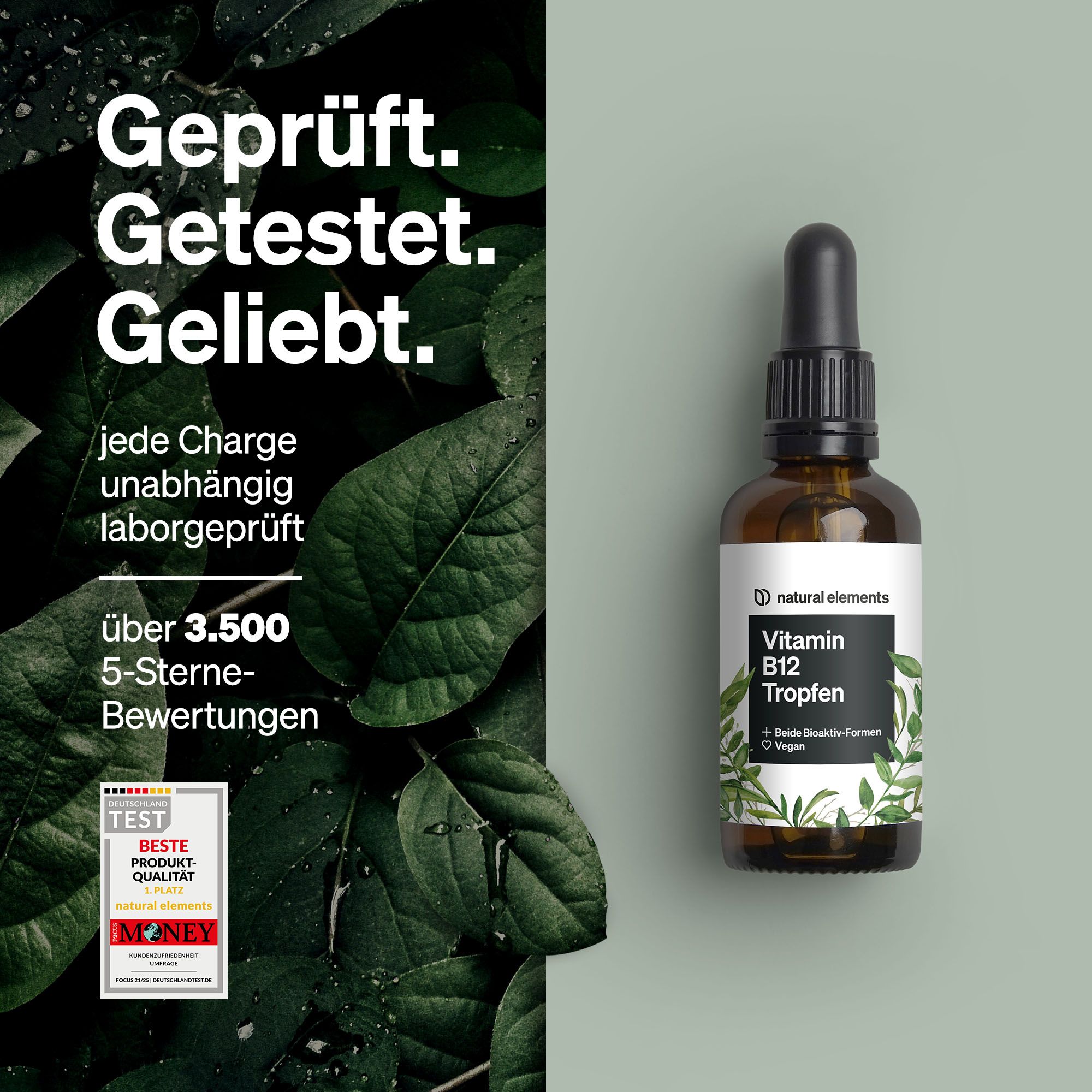 Braune Tropfflasche mit schwarzem Deckel. Weißes Etikett mit Produktbezeichnung und grünen Blättern. Text: Geprüft. Getestet. Geliebt.