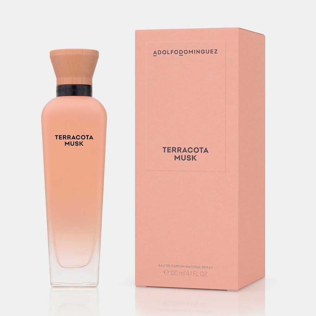 Parfümflasche und -verpackung. Flasche mit Holzverschluss, rosa Farbverlauf. Verpackung mit Markenlogo und Produktname.