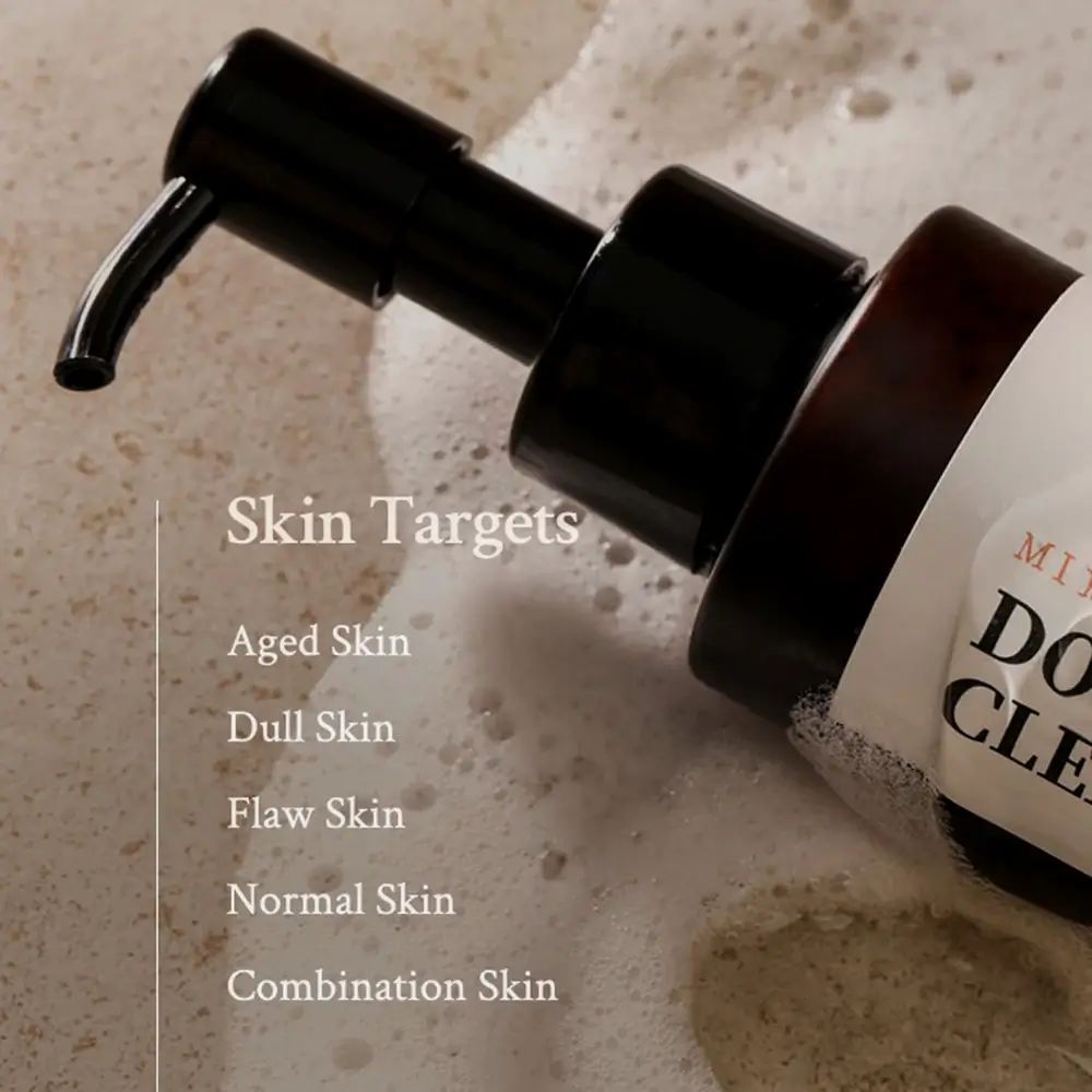 Nahaufnahme des Pumpkopfes und der Aufschrift DOUBLE CLEANSER. Text: Skin Targets, Aged Skin, Dull Skin, etc.