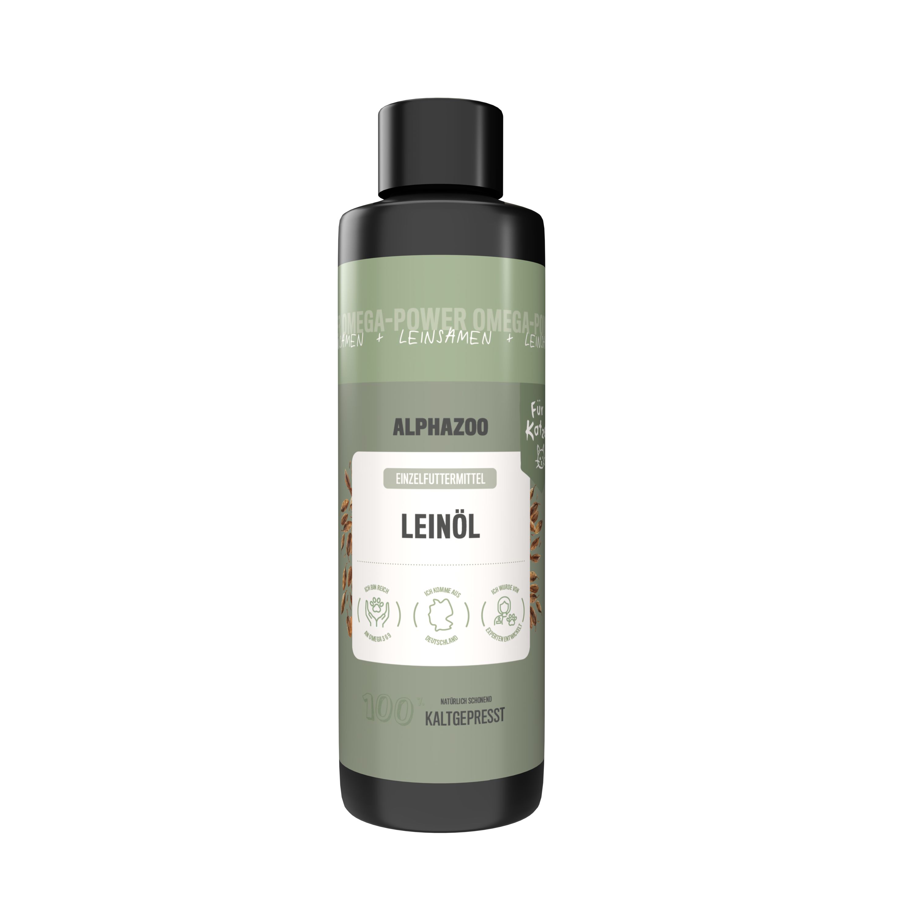 Braune Flasche mit grünem Etikett. Aufschrift: alphazoo Leinöl, kaltgepresst. Enthält Icons.