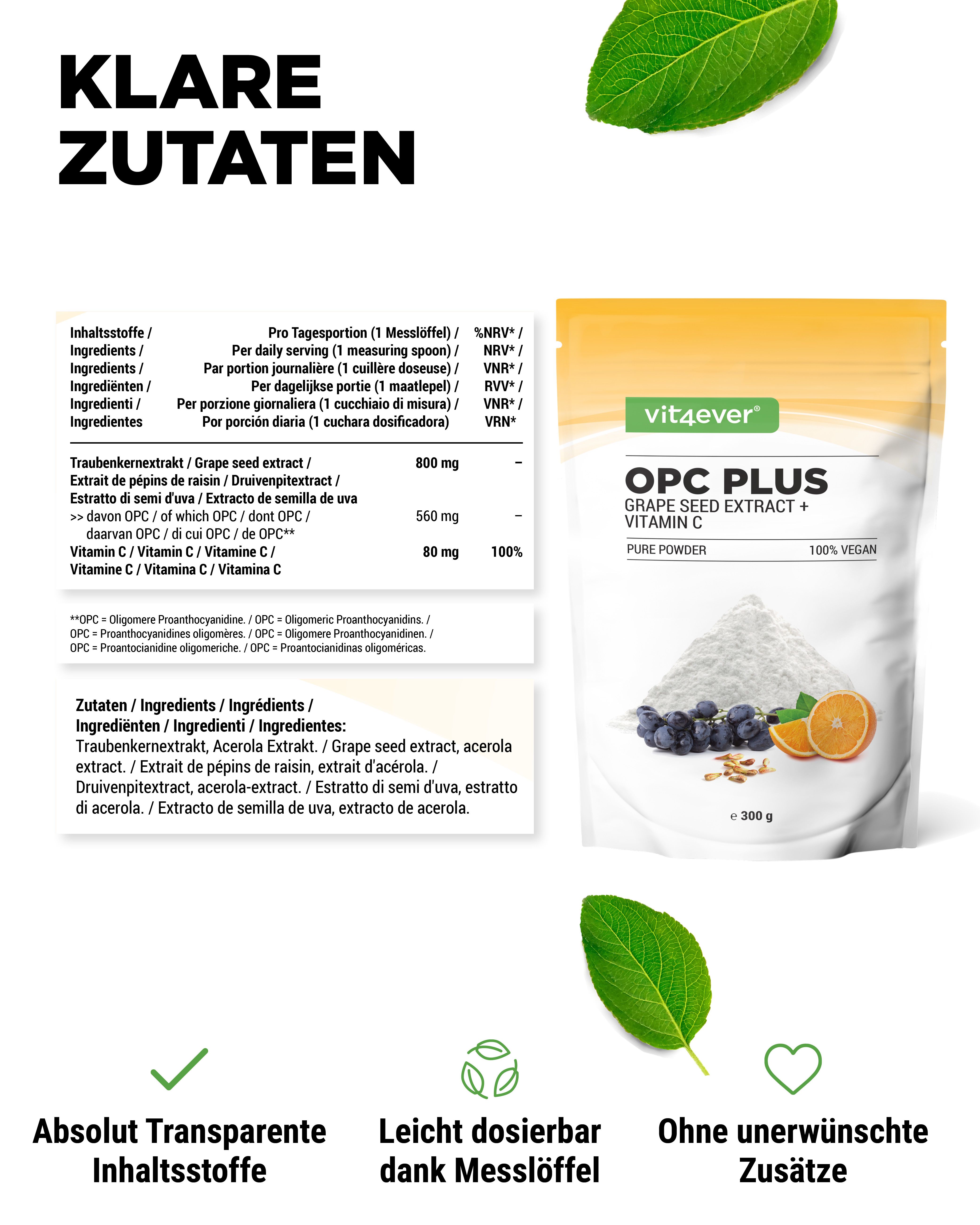 Produktbeutel, Text: OPC PLUS, Grape Seed Extract + Vitamin C, 100% Vegan. Zutatenliste. Messlöffel.