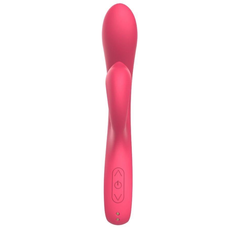 Rosa Vibrator, Ansicht von oben. Geschwungene Form mit abgerundeten Enden. Bedienknöpfe am Griff.