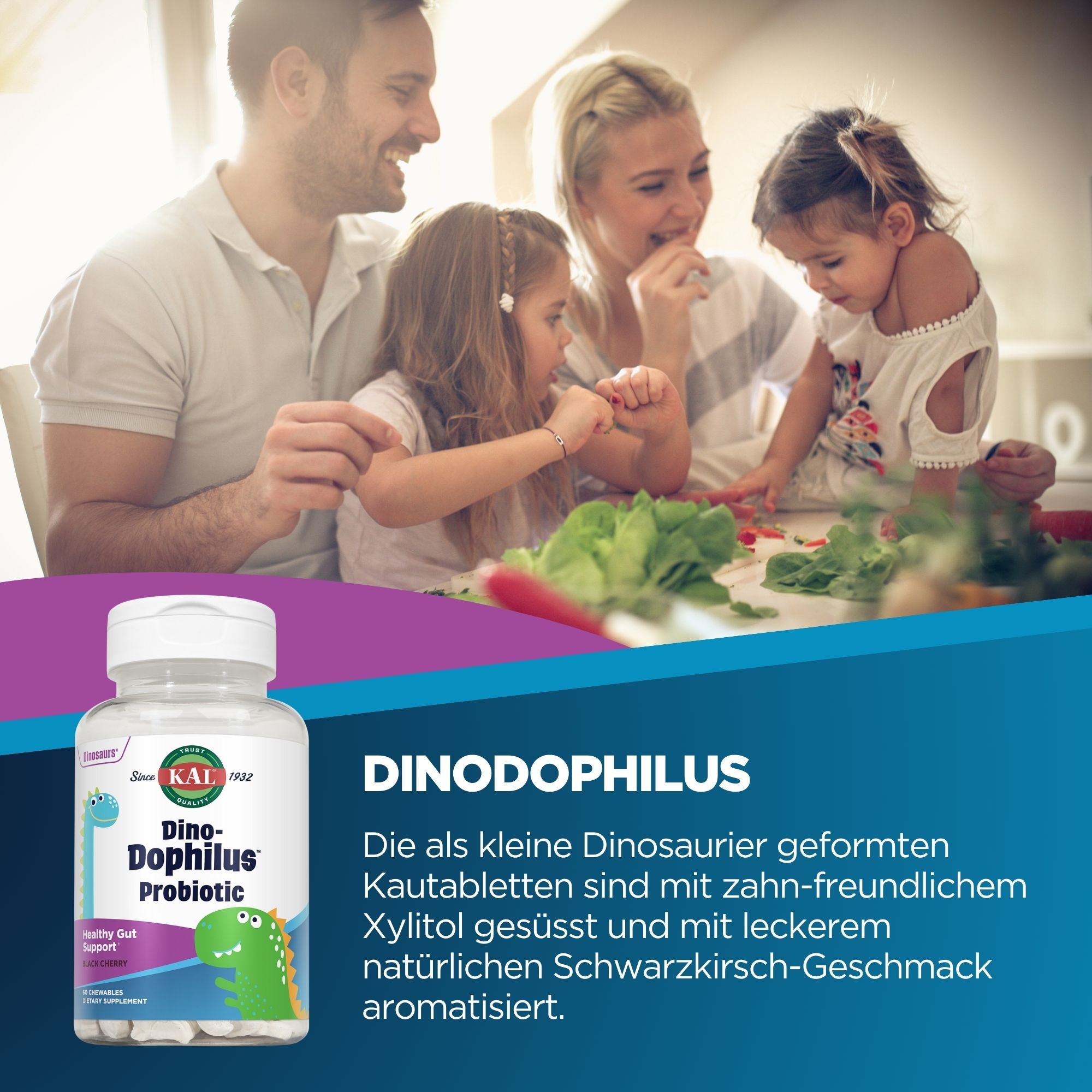 Eine Flasche KAL Dino-Dophilus Probiotic. Aufschrift: Dino-Dophilus, Probiotic, Healthy Gut Support. Familienfoto im Hintergrund.