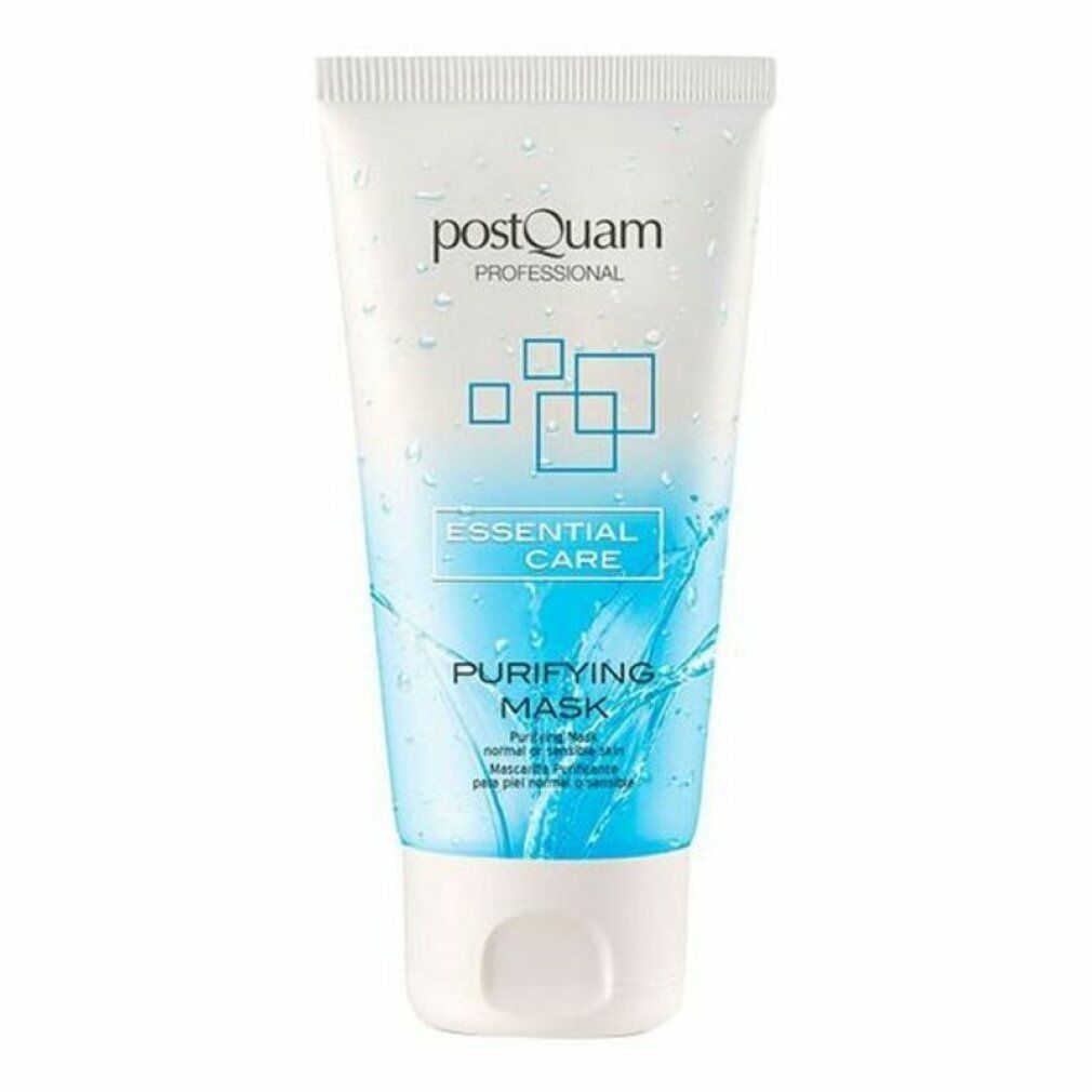 Weiße Tube mit blauem Design. Aufschrift: Postquam Professional, Essential Care, Purifying Mask. Produkt für die Gesichtspflege.