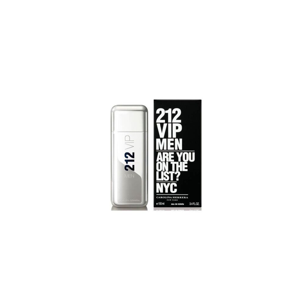 Silberfarbener Flakon und schwarze Schachtel. Aufschrift: 212 VIP MEN, ARE YOU ON THE LIST? NYC. Marke Carolina Herrera.