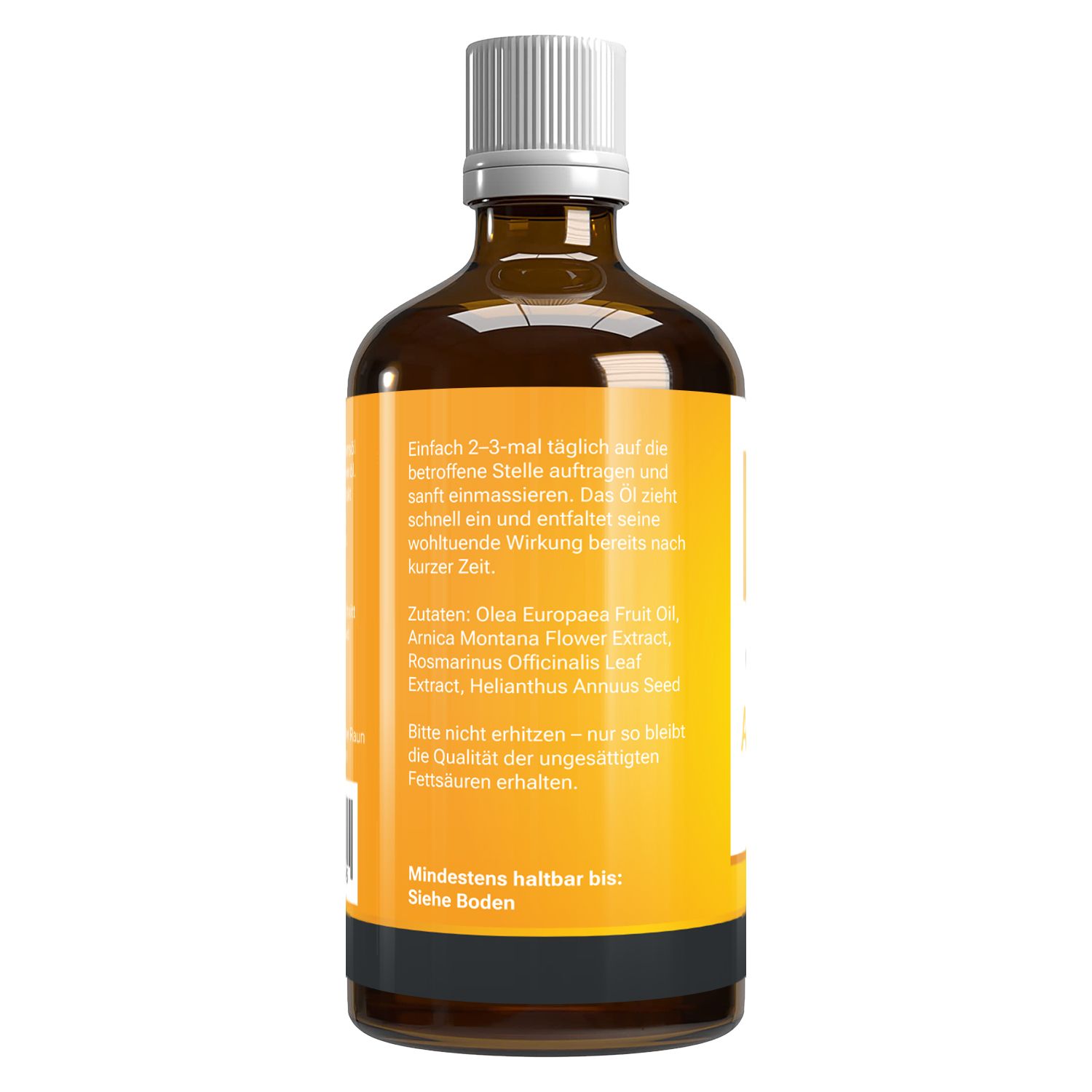 Rückseite einer braunen Glasflasche. Gelbes Etikett mit Text: Anwendung, Zutaten, Mindesthaltbarkeit. Weißer Hintergrund.