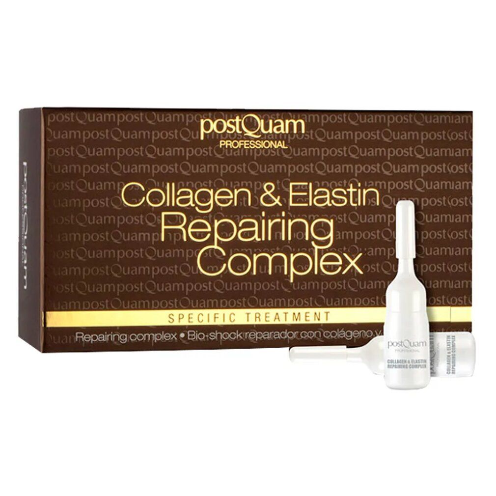 Braune Schachtel und Ampullen. Aufschrift: Collagen & Elastin Repairing Complex. Spezifische Behandlung.
