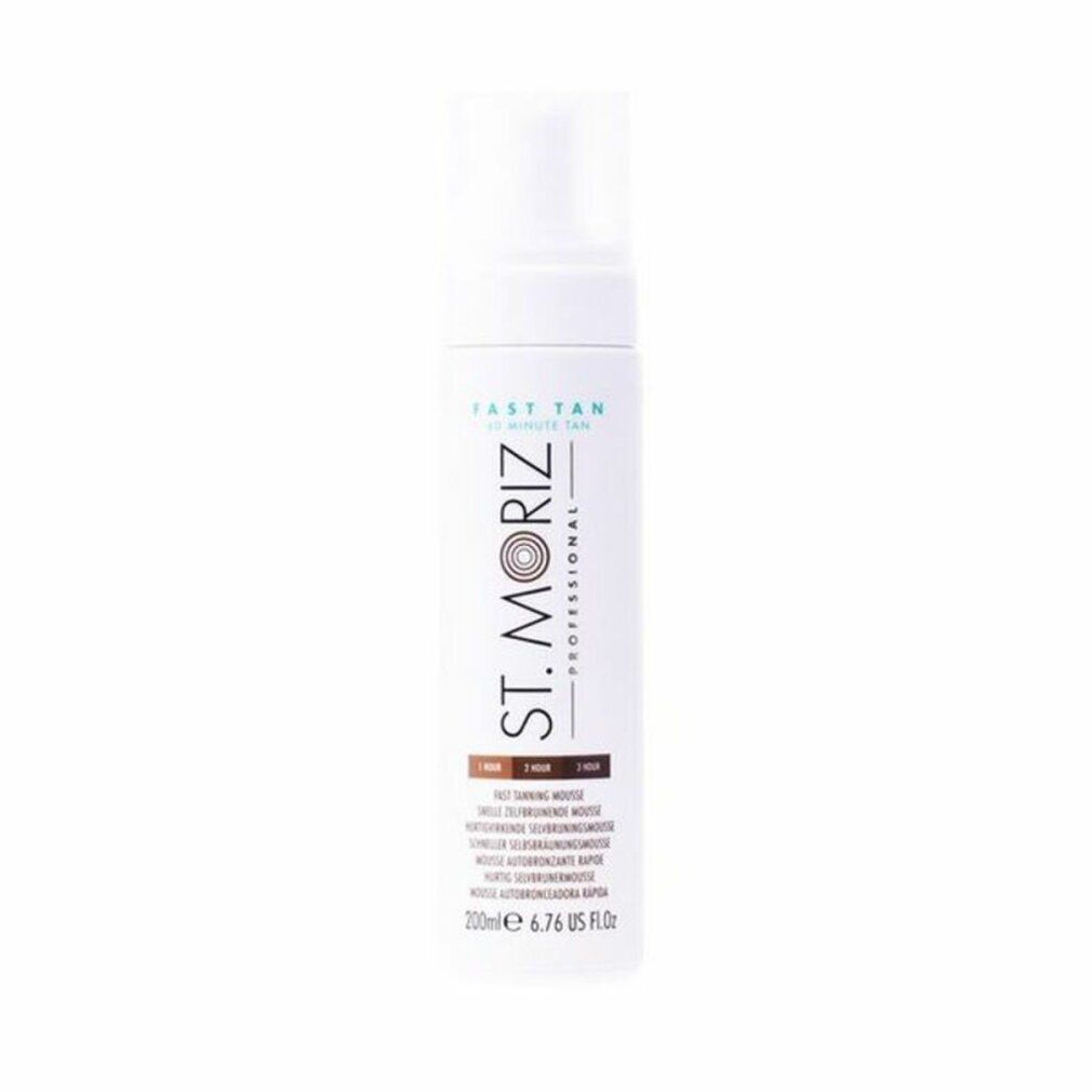 Weiße Flasche mit Sprühkopf. Aufschrift: St. Moriz Professional, Fast Tan. Farbnuancen: 1 Stunde, 2 Stunden, 3 Stunden. 200ml.
