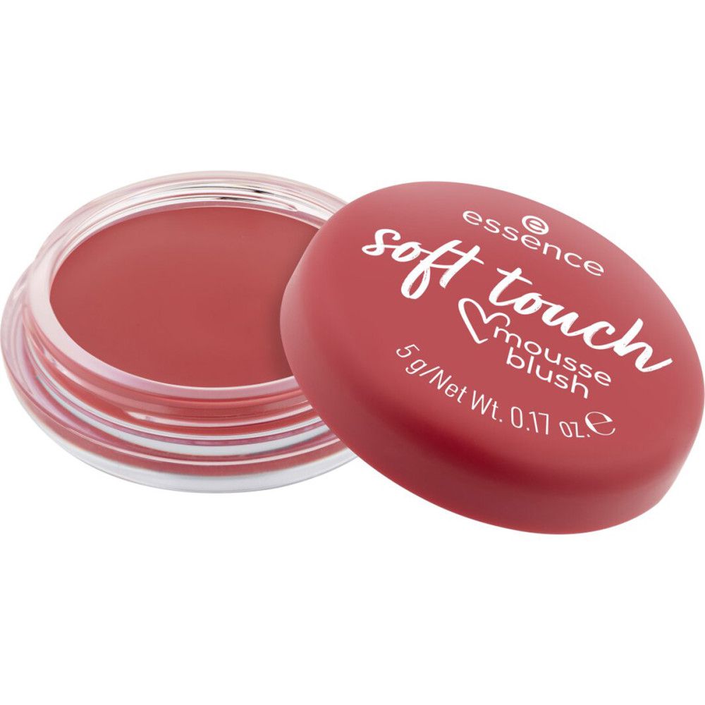 Roter Rouge-Tiegel mit geöffnetem Deckel. Auf dem Deckel steht 'soft touch mousse blush'.