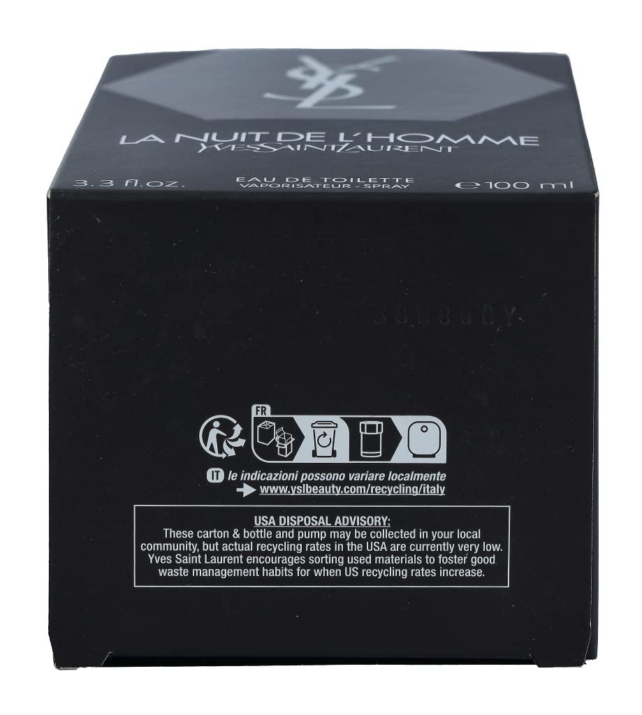 Schwarzer Karton von La Nuit de L'Homme. Enthält Informationen zu Recycling und Entsorgung. Marke: YSL.