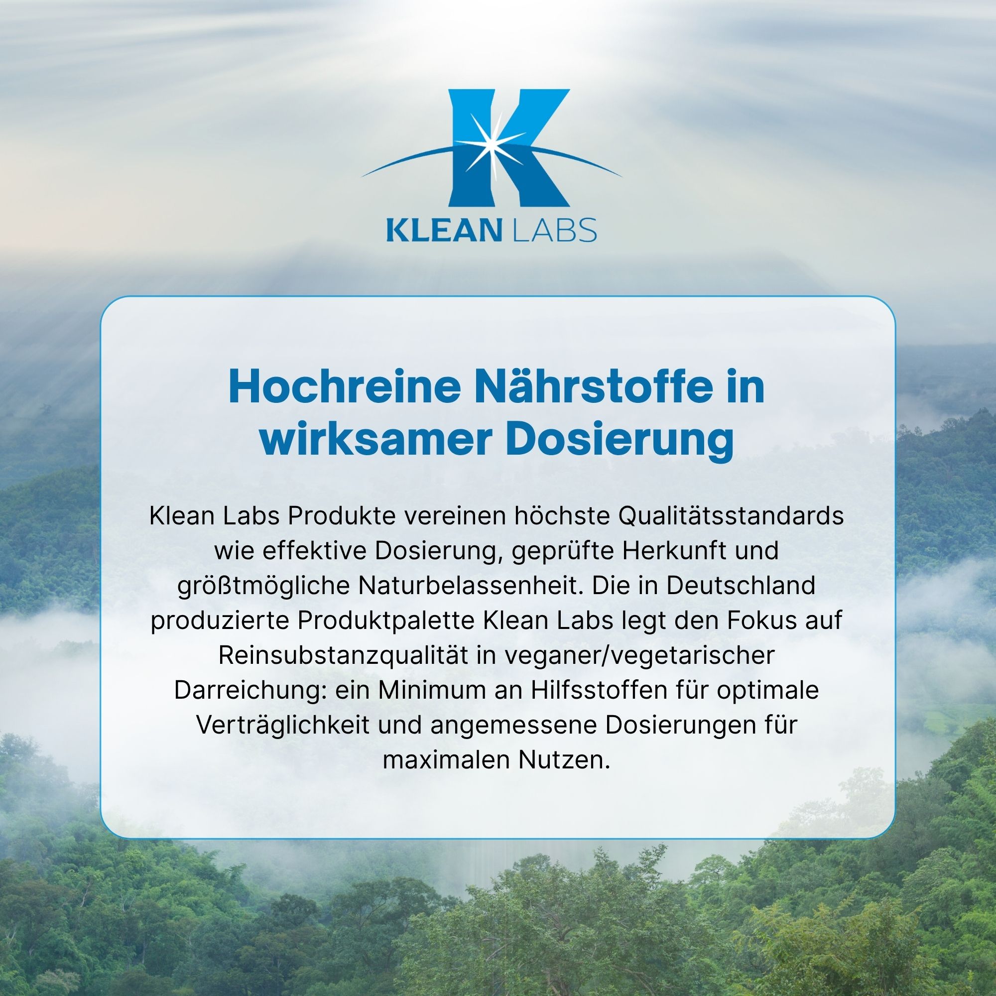 Landschaftshintergrund mit Text. Hochreine Nährstoffe in wirksamer Dosierung. Text über Qualität und Herstellung von Klean Labs.