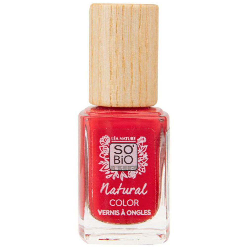 Roter Nagellackflakon mit Holzdeckel. Aufschrift: SO'BiO étic Natural Color, Vernis à Ongles.