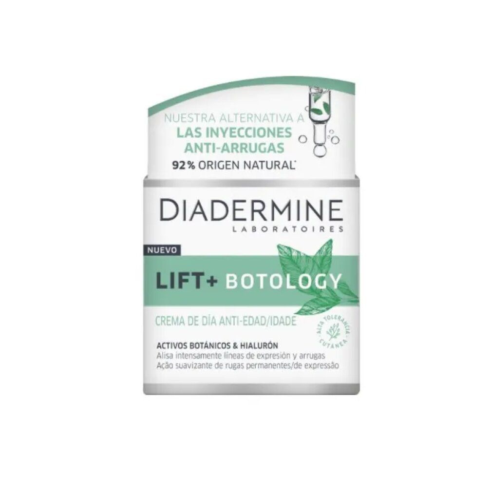 Diadermine Lift Botology Tagescreme. Weiße Verpackung mit grünen Akzenten. Text: Anti-Falten, 92% natürlichen Ursprungs, Lift+ Botology.