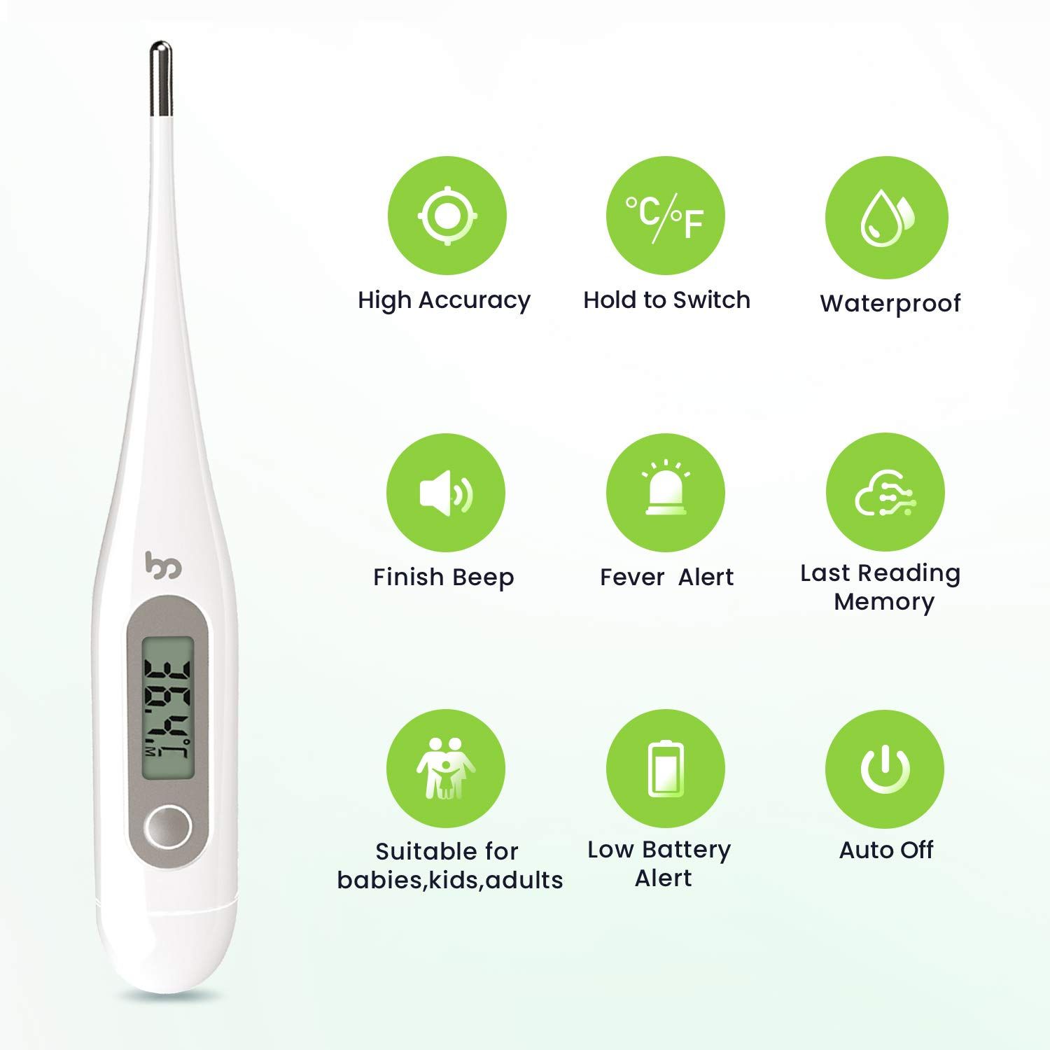 Weißes digitales Thermometer mit LCD-Anzeige. Zeigt 36,4°C an. Mit Symbolen für Funktionen wie Fieberalarm und Wasserdichtigkeit.
