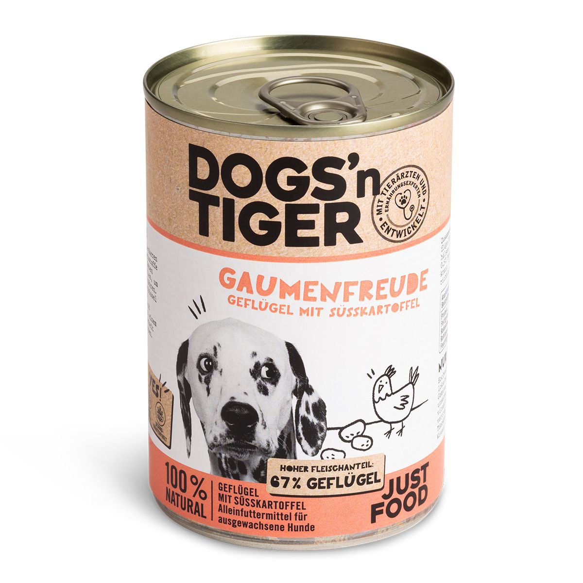 Hundefutterdose. Aufschrift: Dogs'n Tiger, Gaumenfreude, Geflügel mit Süßkartoffel. Illustration eines Dalmatiners und einer Henne.