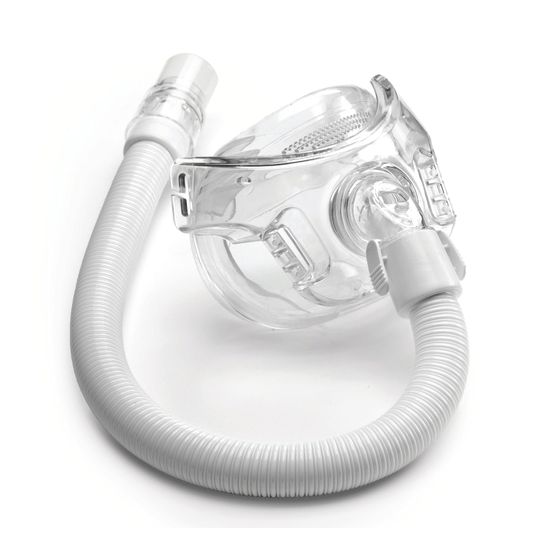 Philips CPAP Maske Amara View mit Schlauch: Transparente Atemmaske mit flexiblem Schlauch und Anschlussstück.