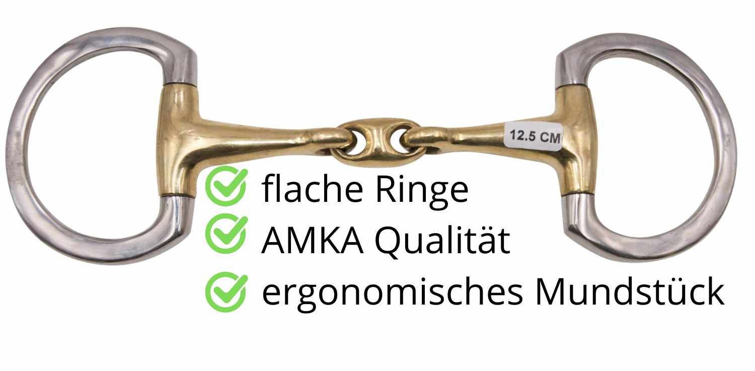 Doppelt gebrochenes Olivenkopfgebiss. Größe 12,5 cm. Text: flache Ringe, AMKA Qualität, ergonomisches Mundstück.